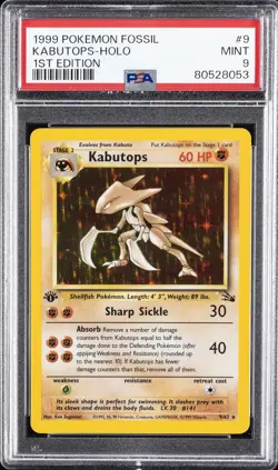 1999 POKEMON FOSSIL 1ST ED #9 KABUTOPS-HOLO PSA 9 - Image 1