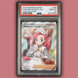PSA 10 Gem Mint Pokemon Center Lady 185/185 Vivid Voltage Sword & Shield - Image 1