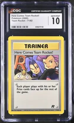 CGC 10 GEM MINT Here Comes Team Rocket! 2000 Team Rocket 71/82 Pokemon Card - Image 1
