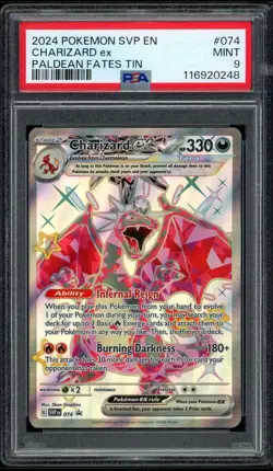 2024 PSA 9 Pokemon SVP EN Charizard ex BSP 074 FA Promo Card Paldean Fates Tin - Image 1