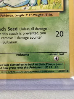 Pokemon - Vintage Bulbasaur 44/102 NM Near Mint Base Set 1999 WOTC Non-Holo Card - Image 3
