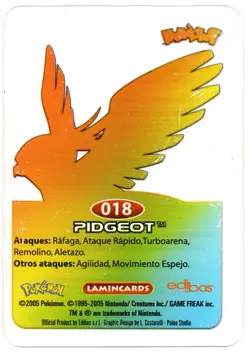 PIDGEOT #018 LAMINCARD COLECCION POKEMON LAMINCARDS 2005 EDIBAS (USADA) - Image 2