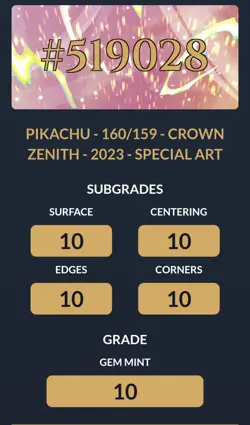 ACE 10 GEM MINT - Pikachu 160/159 - Crown Zenith PERFECT SUBGRADES Pokemon Card - Image 3