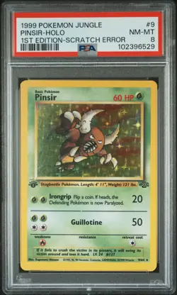 1999 POKEMON JUNGLE 1ST ED-SCRATCH ERR #9 PINSIR-HOLO PSA 8 - Image 1