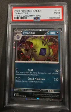 POKEMON CARD TYRANITAR 135 TRIPLE WHAMMY TIN PROMO #135 PAL EN GRADED PSA 9 MINT - Image 1