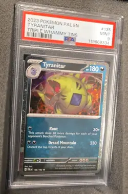 POKEMON CARD TYRANITAR 135 TRIPLE WHAMMY TIN PROMO #135 PAL EN GRADED PSA 9 MINT - Image 2