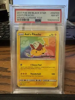 2017 POKEMON SM BLACK STAR PROMO I CHOOSE YOU! #SM108 ASH'S PIKACHU PSA 8 - Image 1
