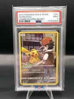 2019 Pokemon Sun & Moon Full Art Pikachu Cosmic Eclipse Secret Rare #241 PSA 9 - Image 1