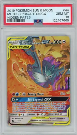 2019 Pokemon Hidden Fates Moltres/Zapdos/Articuno GX 44/68 Tag Team PSA 10 - Image 1