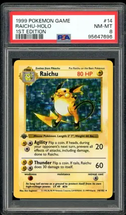 PSA 8 Raichu 14/102 1st Edition Base set Shadowless Holo Pokemon Card NM-MINT - Image 1