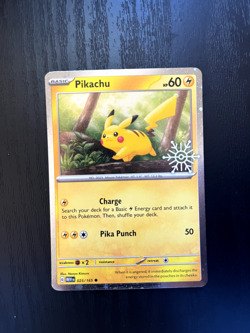 Pikachu 25/165 Holiday Snowflake Stamp Promo Swirl (by ear) Pokemon Card NM-Mint - Image 1