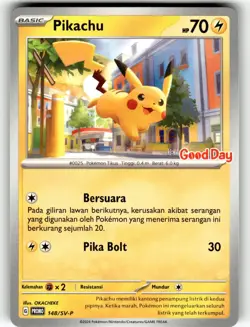Pokemon 2024 Indonesia Pikachu Promo Card 148/SV-P Stamped Good Day - Image 1