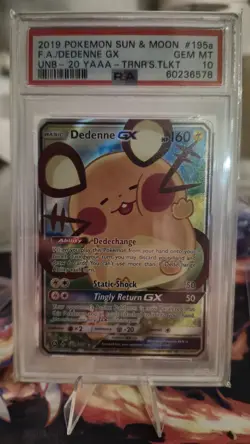 PSA 10 GEM MINT Pokemon Card Dedenne GX 195a/214 Sun Moon Trainers Toolkit - Image 1
