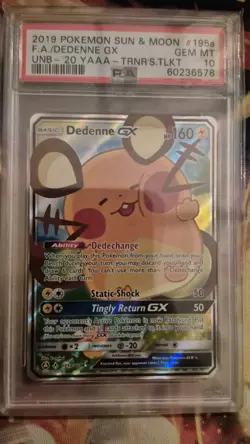 PSA 10 GEM MINT Pokemon Card Dedenne GX 195a/214 Sun Moon Trainers Toolkit - Image 4