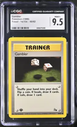 CGC 9.5 MINT+ Gambler 1999 Fossil 1st Edition 60/62 Pokemon Card - Image 1