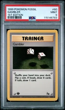 PSA 9 MINT 1999 POKEMON FOSSIL 60 GAMBLER 1ST EDITION ENGLISH - Image 1