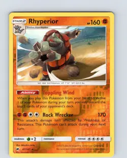 Pokemon TCG Rhyperior S&M Burning Shadows 67/147 Reverse Holo Rare Card NM - Image 1