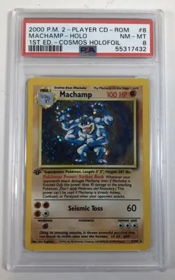 2000 Pokemon 2 Player CD-ROM Base Set 1st Edition Machamp Cosmos Holo #8 PSA 8 - Image 1