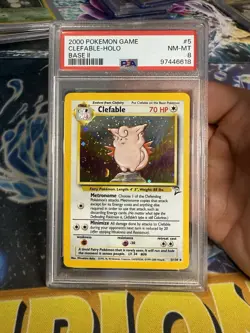 Pokemon TCG: Clefable 5/130 Base Set 2 Holo Partial Swirl PSA 8 NM Vintage - Image 1