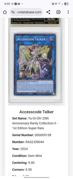 Accesscode Talker RA02-EN044 Ultra 1st Edition Yugioh CROWN MINT 9.5 - Image 4
