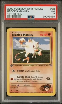 TCG 2000 Pokemon GYM HEROES Non-Holo 1ST Edition Card BROCK'S MANKEY # 68 PSA 7 - Image 1