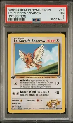 TCG 2000 Pokemon GYM HEROES Non-Holo 1ST Edition Crd LT SURGE'S SPEAROW 83 PSA 7 - Image 1