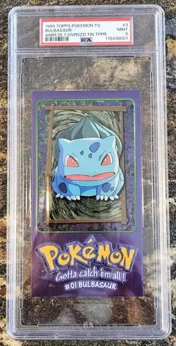 1999 Pokemon Topps TV Anim Se 1 BULBASAUR 3 Oversized Tin Topper PSA 9 MINT - Image 1