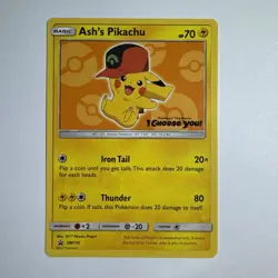 Ash’s Pikachu SM110 Ultra Rare Non Holo Exclusive Promo Pokemon Card - Image 1