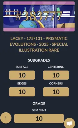Pokemon TCG Lacey 175/131 SIR Prismatic Evolutions 💎ACE 10💎- PERFECT SUBGRADES - Image 3