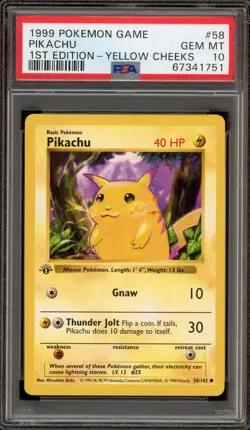 Pokemon Pikachu Base Set Shadowless 1st Edition Yellow Cheeks #58 PSA 10 - Image 1