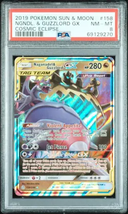 2019 Pokemon Sun & Moon Cosmic Eclipse 158 Naganadel & Guzzlord Gx PSA 8 - Image 1