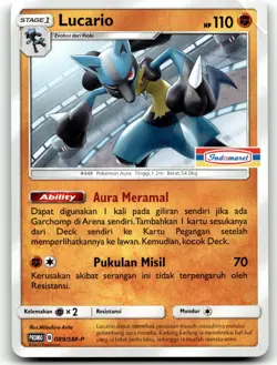 Pokemon 2020 Indonesia Lucario Promo Card 089/SM-P Stamped Indomaret BENT - Image 1