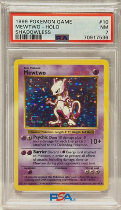 1999 POKEMON GAME BASE SET #10 MEWTWO SHADOWLESS HOLO PSA 7 NM CARD - Image 1