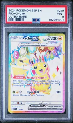 2024 POKEMON SSP EN-SURGING SPARKS ULTRA RARE #219 PIKACHU EX PSA 9 - Image 1