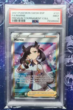 PSA 9 Marnie Premium Tournament Collection Full Art Promo SWSH121 Pokemon - Image 1