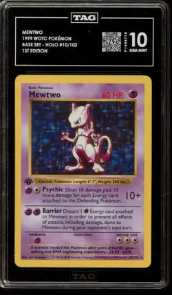 Pokemon Mewtwo Base Set Shadowless 1st Edition Holo Rare #10 TAG 10 Gem Mint - Image 1