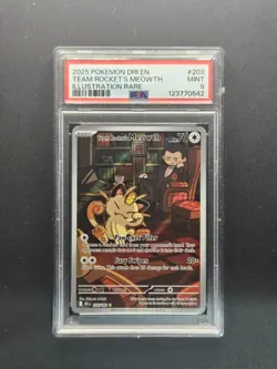 PSA 9 MINT 2025 Pokemon Team Rocket's Meowth 203/182 Destined Rivals Ill. Rare - Image 1