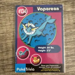 Vaporeon #134 PokeTrivia Burger King Promo Pokemon Card 1999 LP No Perforation - Image 1