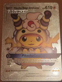 Pokemon Card Pikachu & Mega Ampharos Tag Cosplay Gold Rare HP 610 Promo Fan Art - Image 1