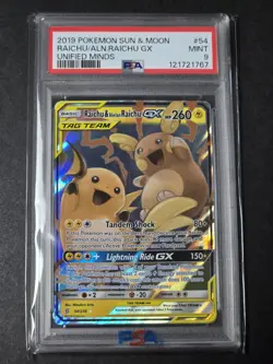 2019 Pokemon Raichu & Alolan Raichu GX Sun & Moon Unified Minds 54/236 PSA 9 MT - Image 1