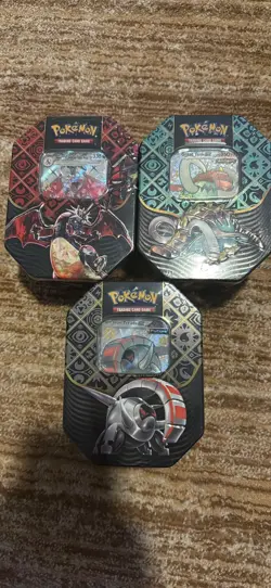 Pokemon Paldean Fates Tins Shiny Charizard, Tusk, Treads Set of 3 Sealed - Image 1