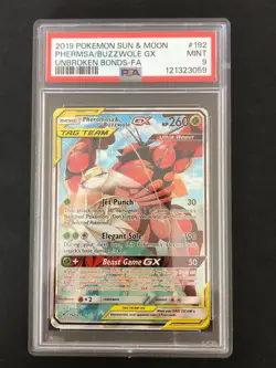 PSA 9, Pokemon Sun & Moon Tag Team Pheromosa & Buzzwole GX 192 Unbroken Bonds - Image 1