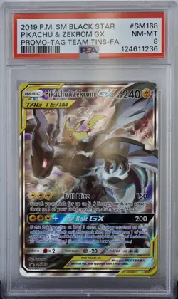 Pikachu & Zekrom Gx 2019 Pokemon SM Black Star Promo Tag Tins SM168 PSA 8 - Image 1