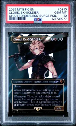 2025 MTG FINAL FANTASY COMMANDER BORDERLESS-SURGE FOIL CLOUD EX-SOLDIER PSA 10 - Image 1