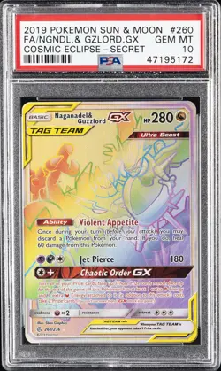 2019 POKEMON SUN & MOON COSMIC ECLIPSE FULL ART/NAGANADEL & GUZZLORD GX PSA 10 - Image 1