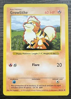 Growlithe 028/102 Pokemon TCG WOTC Base Set (Shadowless) Regular MINT - Image 1