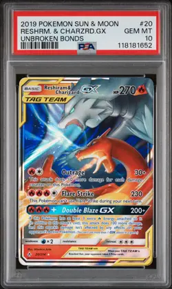 2019 POKEMON SUN & MOON UNBROKEN BONDS #20 RESHIRAM & CHARIZARD GX PSA 10 - Image 3