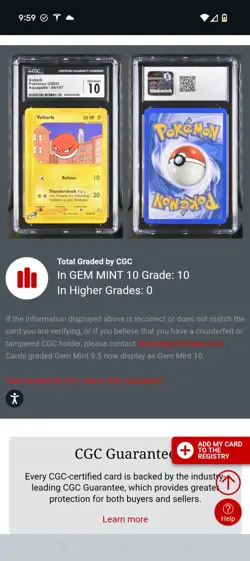 (TOP POP 10) CGC 10 GEM MINT Voltorb 64/147 Aquapolis Pokemon Card - Image 4