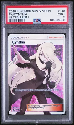 2018 POKEMON SUN & MOON ULTRA PRISM #148 FULL ART CYNTHIA PSA 9 - Image 1