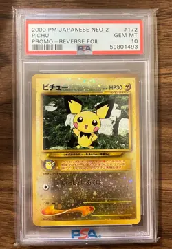 2000 POKEMON JAPANESE NEO 2 PROMO 172 PICHU REVERSE FOIL PSA 10 - Image 1